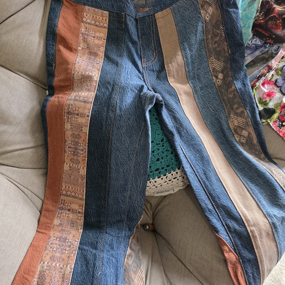 Free People Striped Patchwork Wide-Leg Jeans in Blue and Brown - Picture 3 of 7